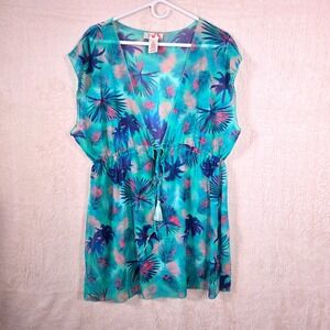 Vintage Y2K OP Ocean Pacific 90s Tropical Mesh Swim Cover Up Women Medium Neons